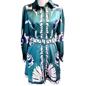 Ciebon Vintage Mod Belted Shirt Dress Green Psychedelic Print S)